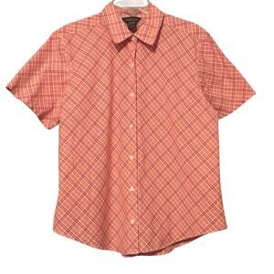 Women's Van Heusen Red Pink Orange Plaid Button Front Shirt Short Sleeve Size LG